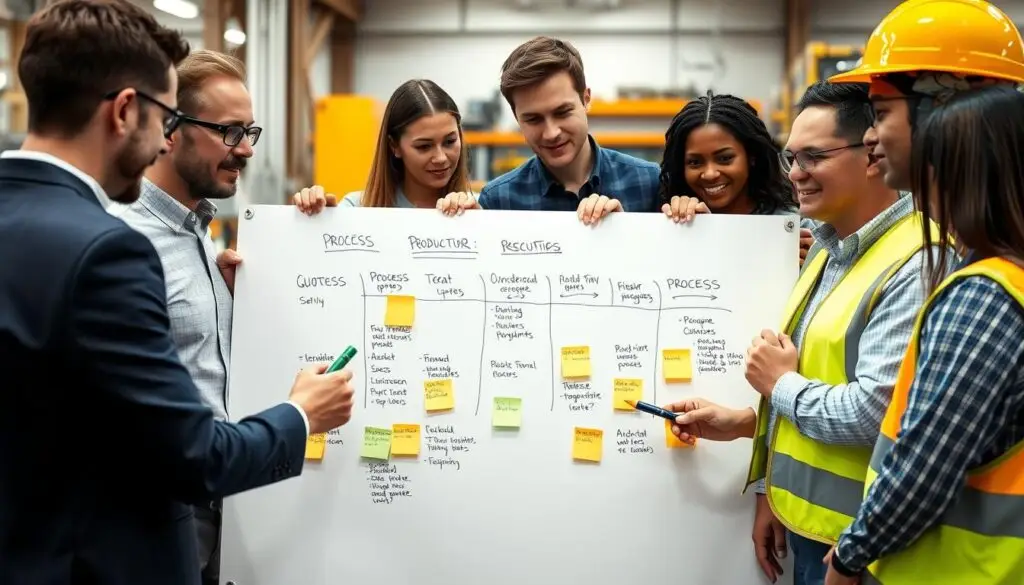 Zespół pracowników mapujący proces produkcyjny przy użyciu tablicy i karteczek samoprzylepnych