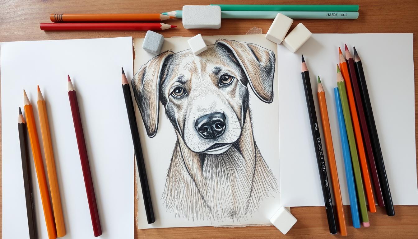 Zestaw przyborów do rysowania psa: ołówki różnej twardości, gumka, papier, kredki