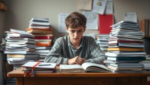 Zestresowany uczeń siedzący przy biurku z książkami, jak nie iść do szkoły