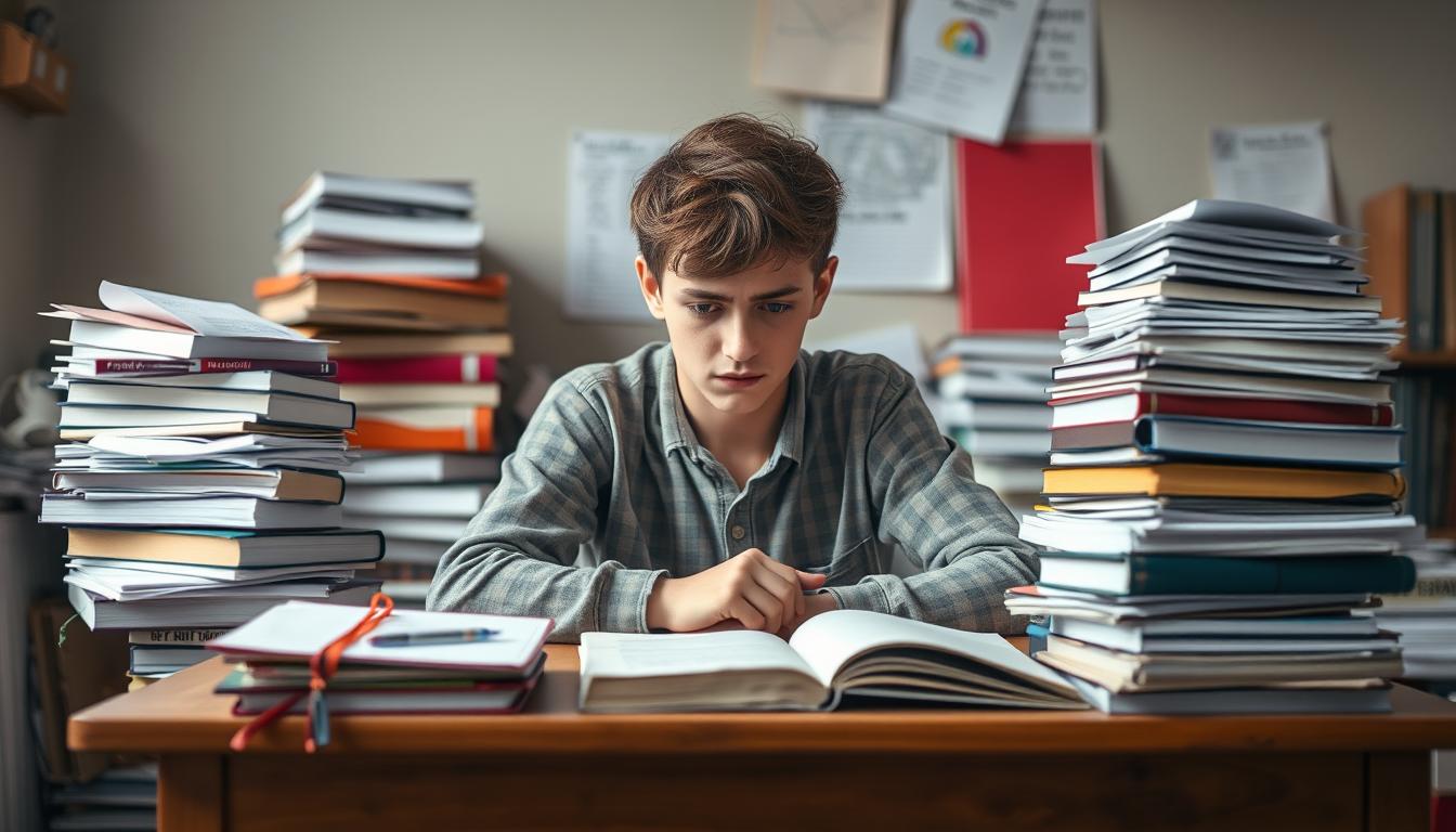 Zestresowany uczeń siedzący przy biurku z książkami, jak nie iść do szkoły