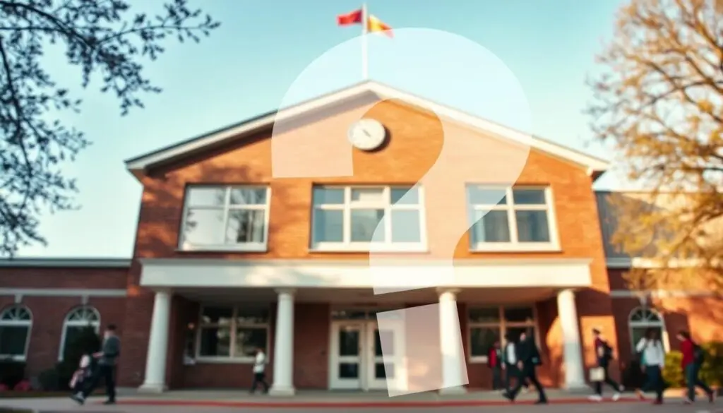 Znak zapytania na tle szkoły, symbolizujący pytania o jak nie iść do szkoły