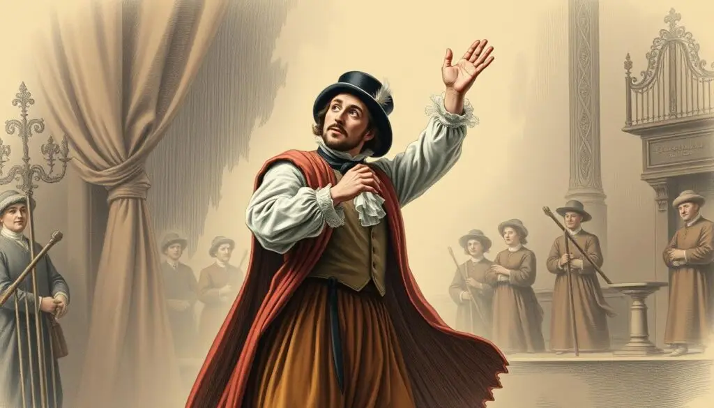 Amant w teatrze - historyczna ilustracja przedstawiająca aktora w roli amanta