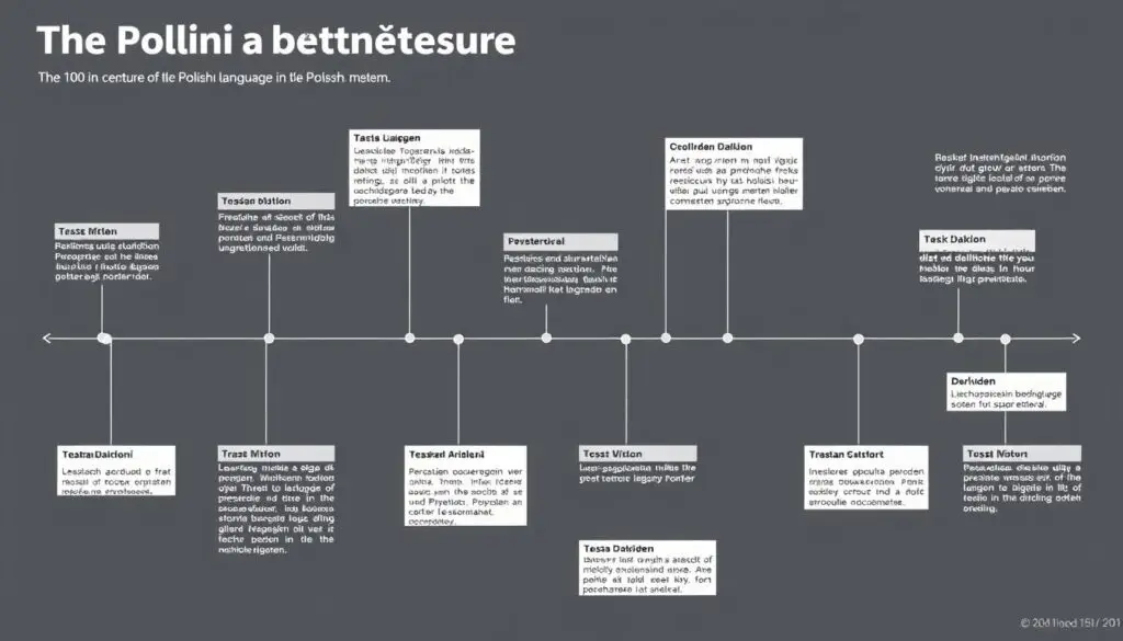 Chronologiczna oś czasu pokazująca ewolucję języka polskiego od X wieku do współczesności, kto wymyślił język polski