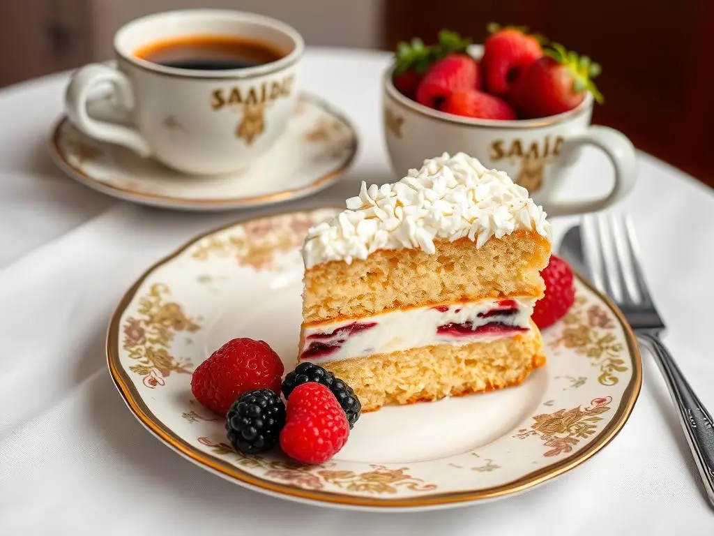 Ciasto Łabędzi Puch podane z kawą i świeżymi owocami