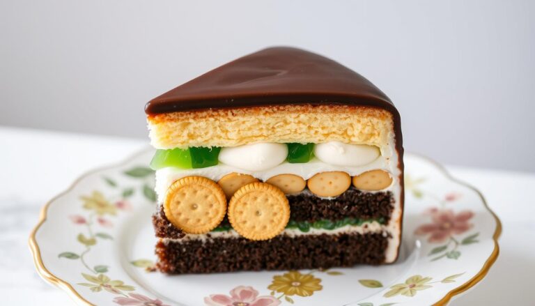 Ciasto Oczy Carycy na ozdobnym talerzu z widocznymi charakterystycznymi warstwami