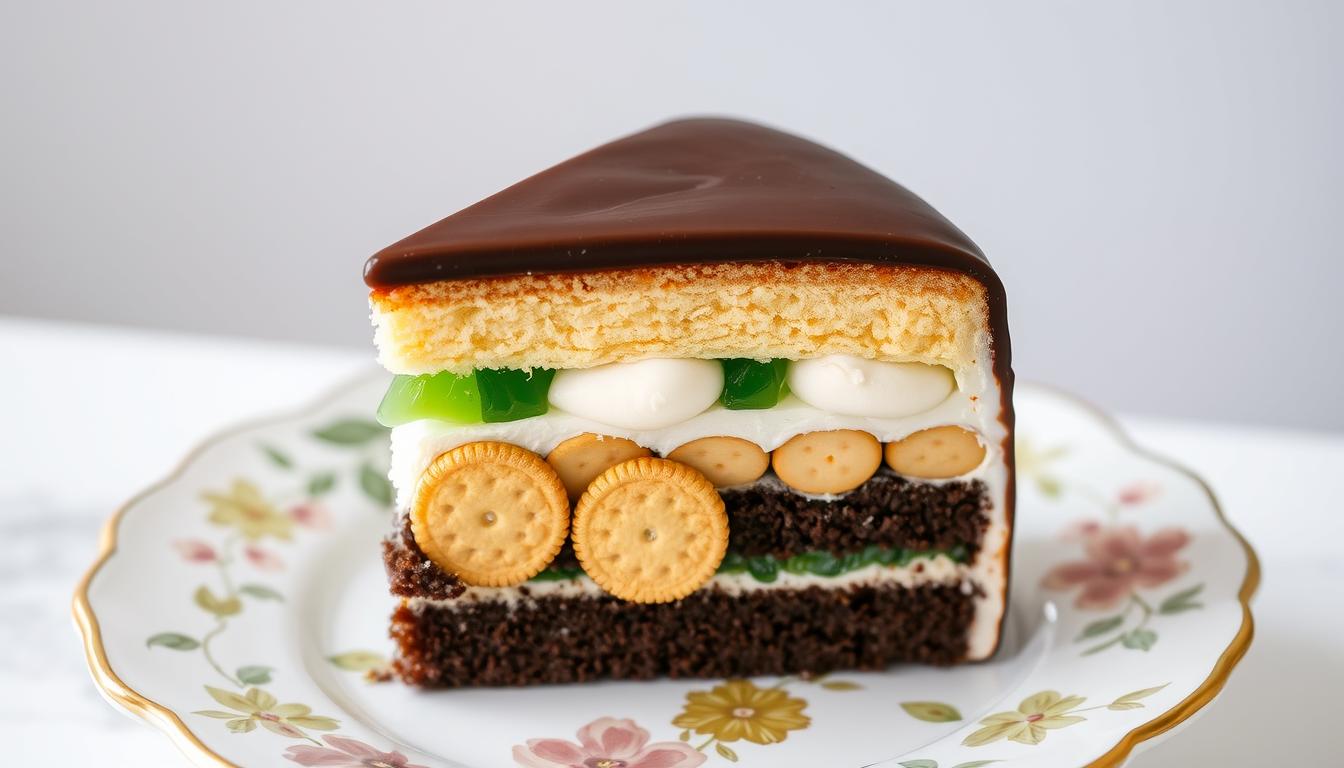 Ciasto Oczy Carycy na ozdobnym talerzu z widocznymi charakterystycznymi warstwami