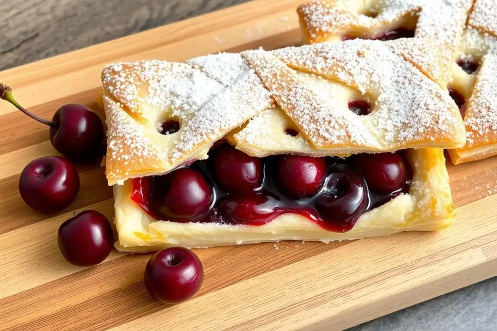 Ciasto francuskie z wiśniami siostry Anastazji posypane cukrem pudrem