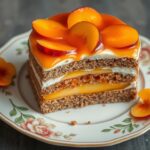 Ciasto kora dębu siostry Anastazji na ozdobnym talerzu - gotowy wypiek z warstwą galaretki i brzoskwiniami