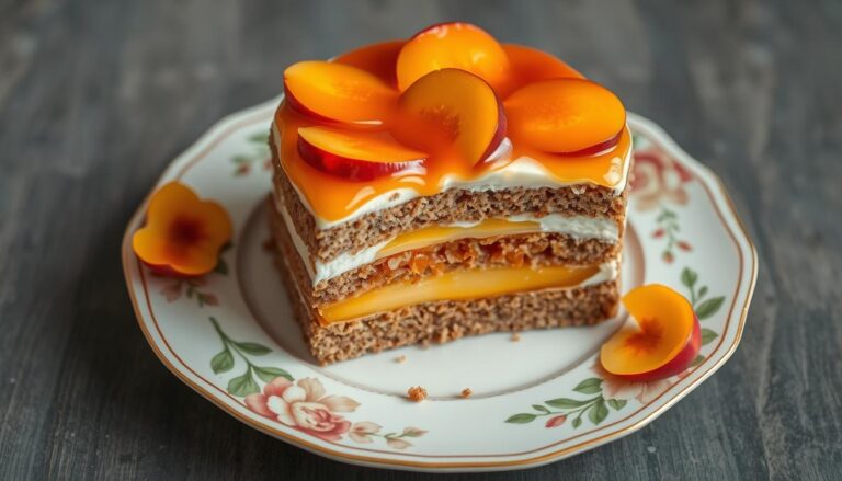 Ciasto kora dębu siostry Anastazji na ozdobnym talerzu - gotowy wypiek z warstwą galaretki i brzoskwiniami