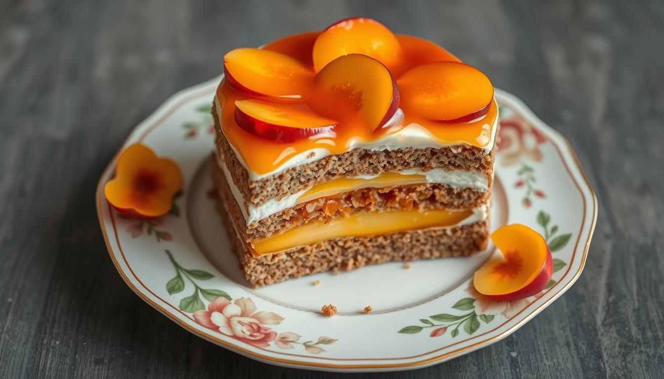 Ciasto kora dębu siostry Anastazji na ozdobnym talerzu - gotowy wypiek z warstwą galaretki i brzoskwiniami