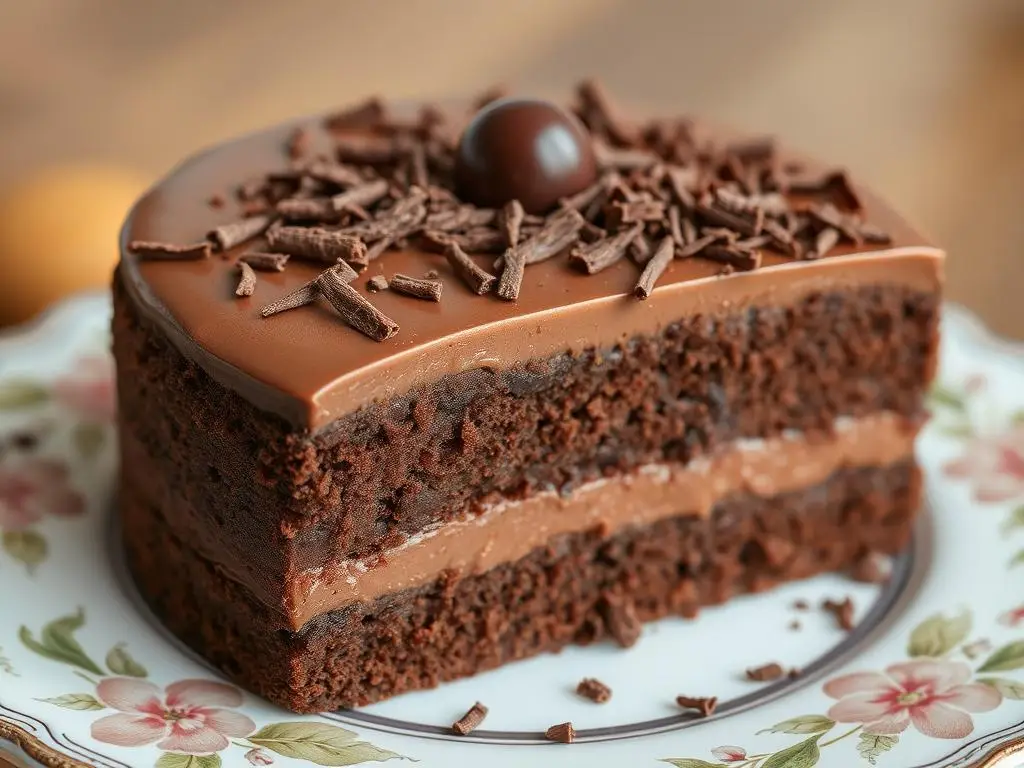 Ciasto kora dębu w wersji czekoladowej z dekoracją z wiórków czekoladowych