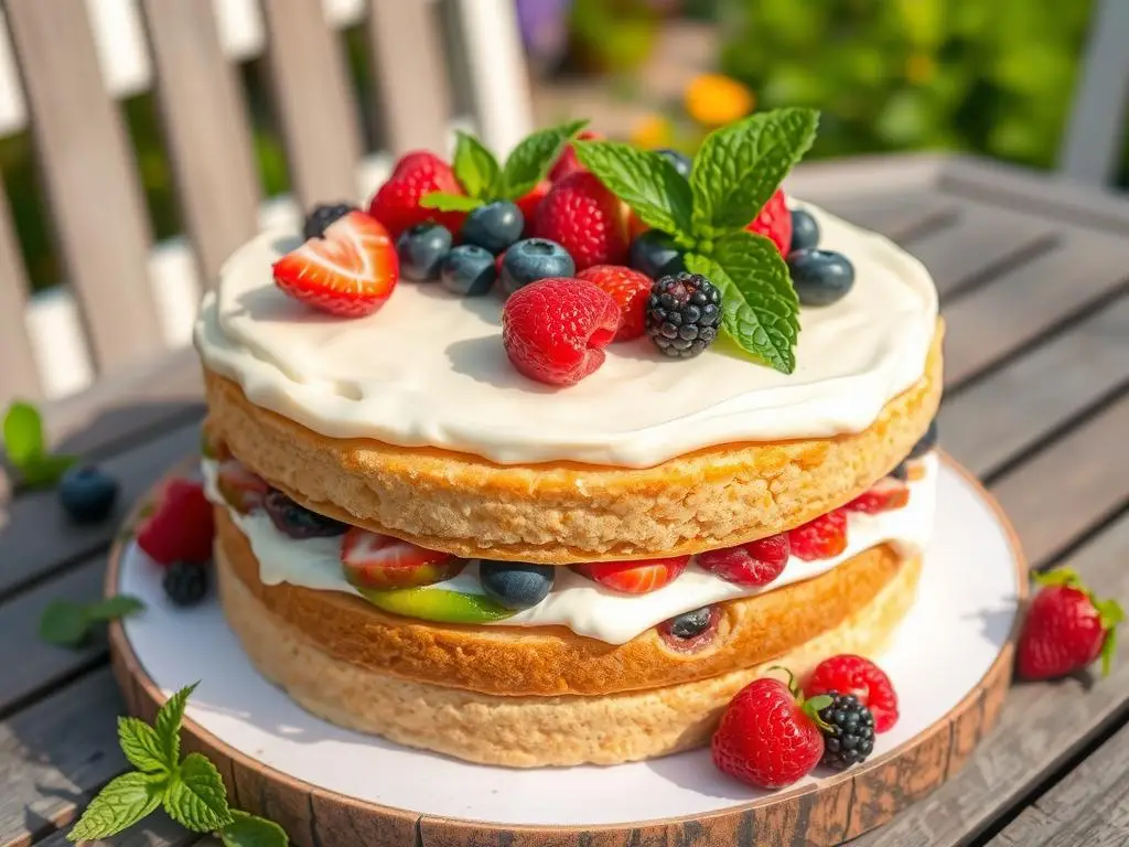 Ciasto niebo w gębie z dodatkiem owoców sezonowych