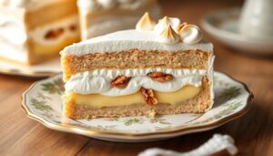 Ciasto pani Walewska siostry Anastazji z orzechami na eleganckim talerzu deserowym