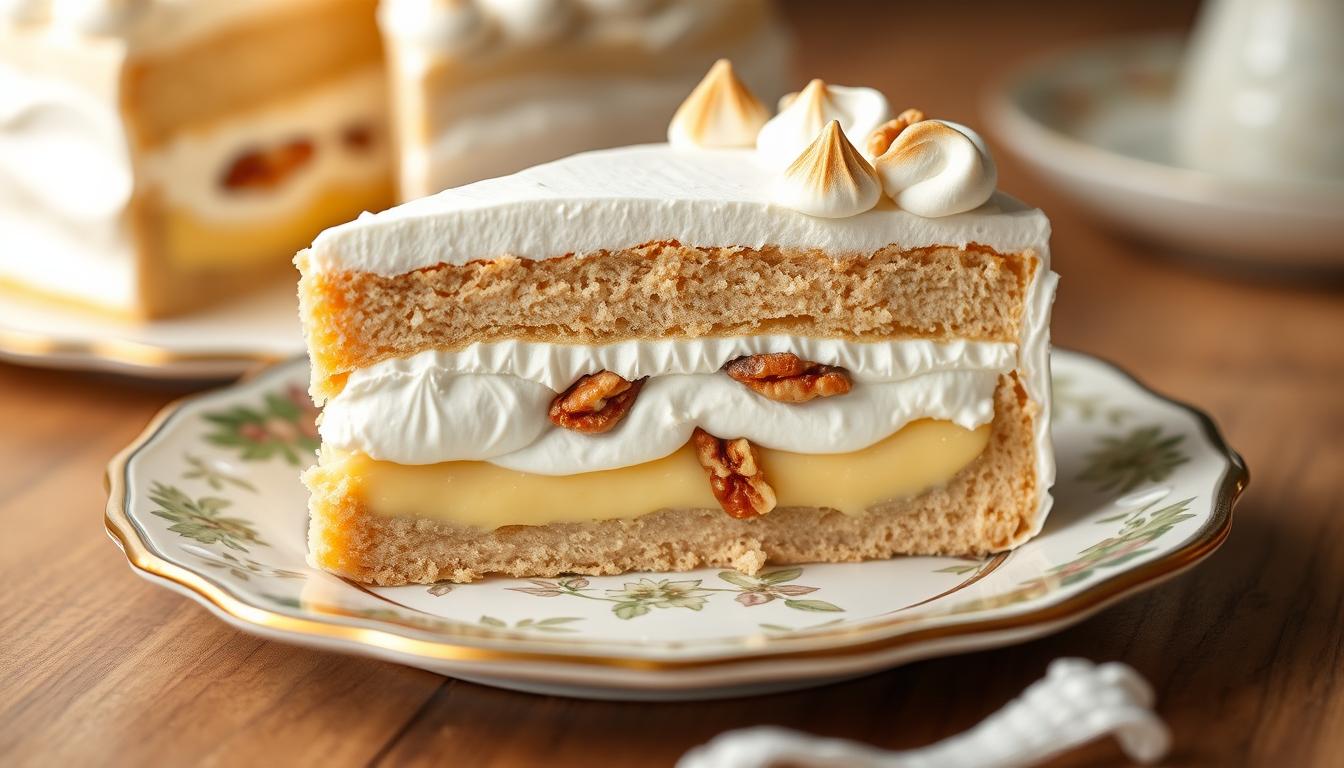 Ciasto pani Walewska siostry Anastazji z orzechami na eleganckim talerzu deserowym