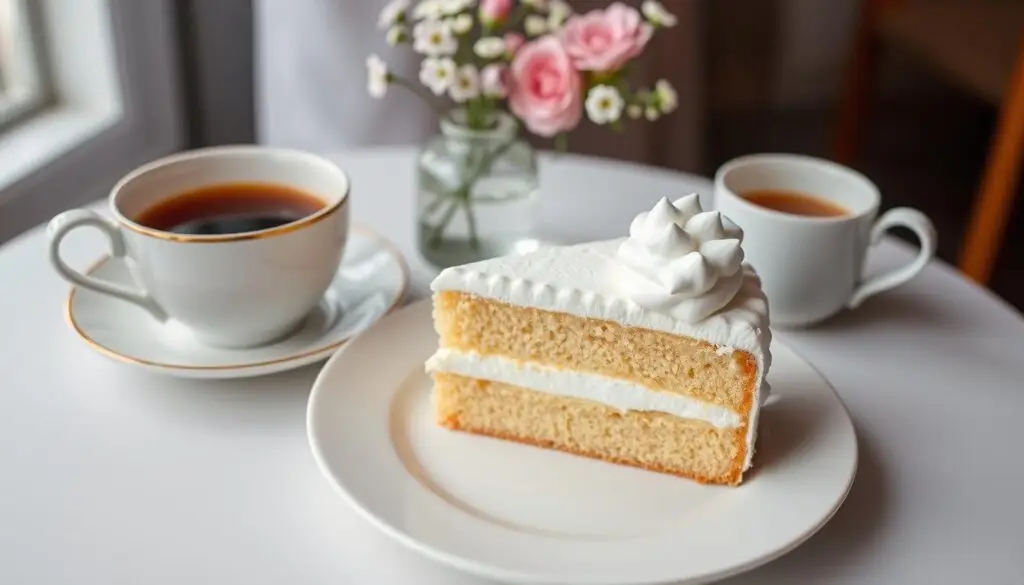 Ciasto z chałwą i bezami podane z kawą i herbatą