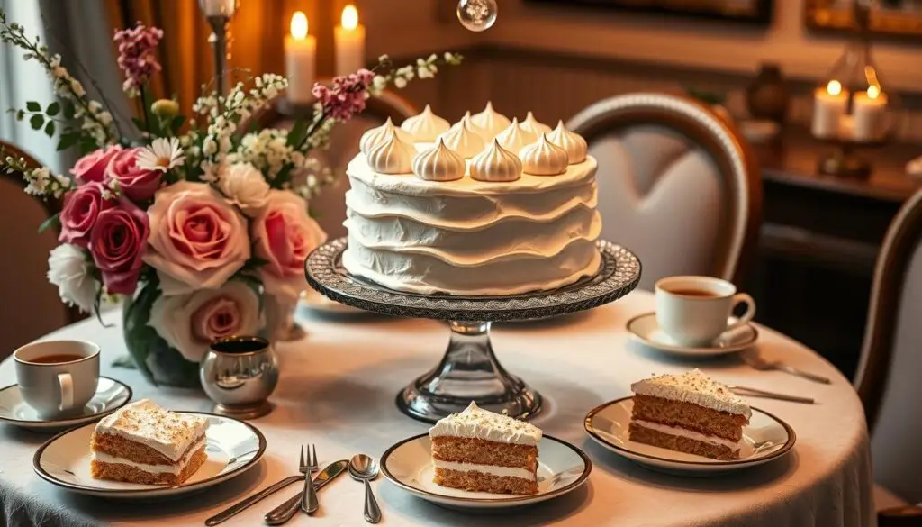 Ciasto z chałwą i bezami siostry Anastazji podane na eleganckim przyjęciu