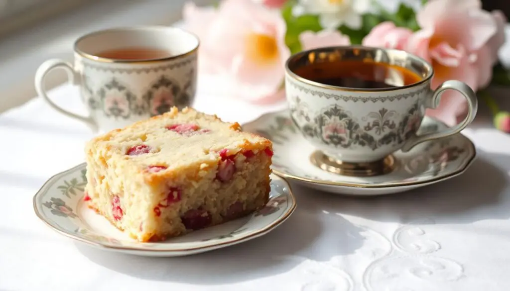 Ciasto z rabarbarem siostry Anastazji podane na talerzu z filiżanką herbaty