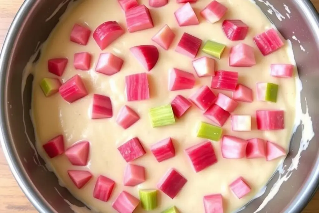 Ciasto z rabarbarem siostry Anastazji przed upieczeniem z rabarbarem ułożonym na wierzchu