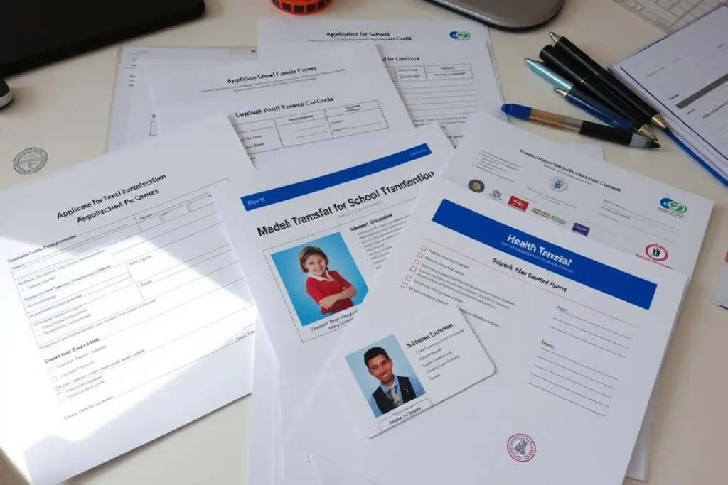 Dokumenty potrzebne przy przeniesieniu do innej szkoły ułożone na biurku Dokumenty potrzebne przy przeniesieniu do innej szkoły ułożone na biurku