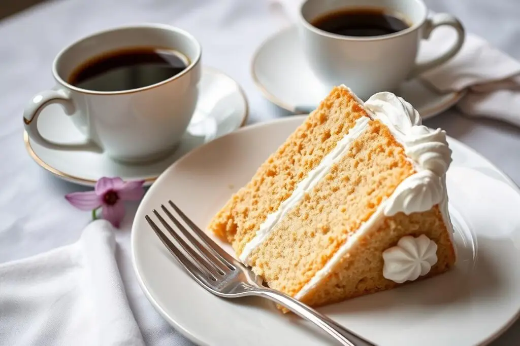 Elegancko podane ciasto z chałwą i bezami z filiżanką kawy