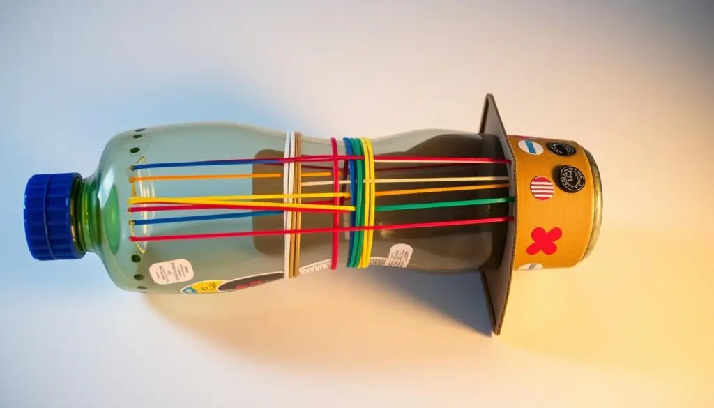 Gitara wykonana z plastikowej butelki i gumek recepturek