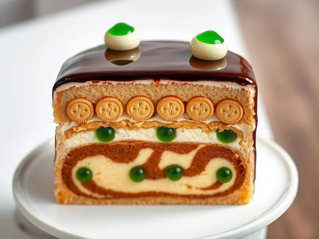 Gotowe ciasto Oczy Carycy przekrojone, ukazujące wszystkie warstwy