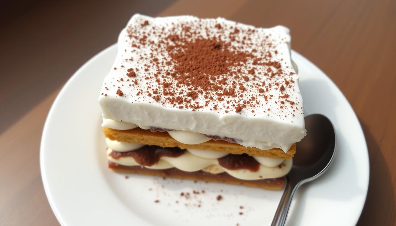 Gotowe ciasto tiramisu według przepisu siostry Anastazji z posypanym kakao na wierzchu