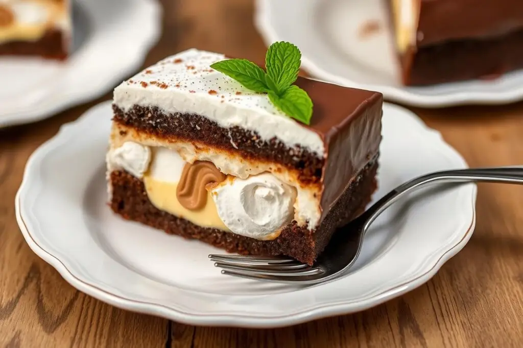 Gotowe ciasto z chałwą i bezami siostry Anastazji podane na eleganckim talerzu