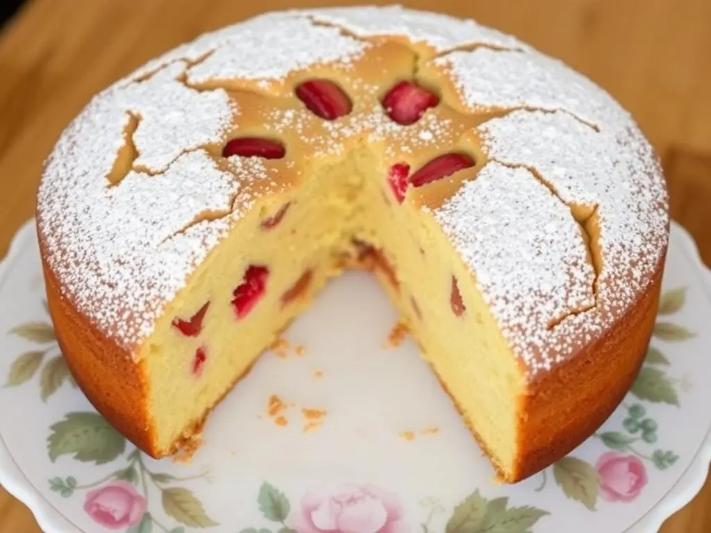 Gotowe ciasto z rabarbarem siostry Anastazji posypane cukrem pudrem