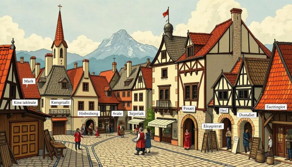 Ilustracja przedstawiająca średniowieczne miasto z widocznymi wpływami niemieckimi w architekturze i życiu codziennym, kto wymyślił język polski