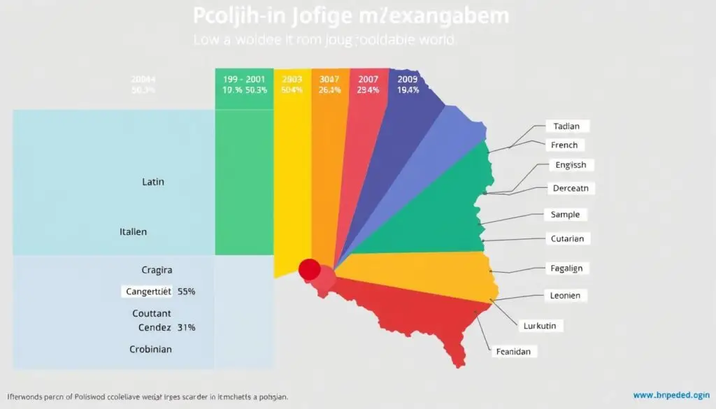 Infografika pokazująca procentowy udział zapożyczeń z różnych języków w polszczyźnie, kto wymyślił język polski