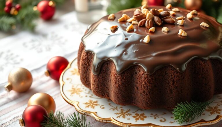 Piernik z herbatą siostry Anastazji na świątecznym stole, udekorowany polewą czekoladową i orzechami