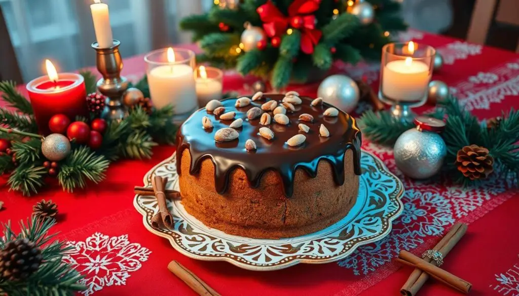 Piernik z herbatą siostry Anastazji podany na świątecznym stole z dekoracjami bożonarodzeniowymi