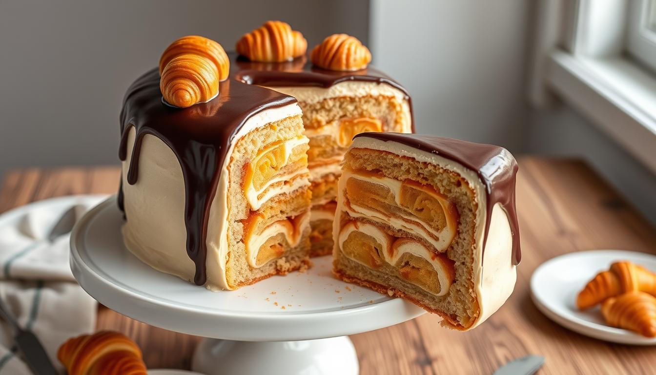 Placek z rogalikami 7 days na paterze, przekrojony ukazujący warstwę rogalików