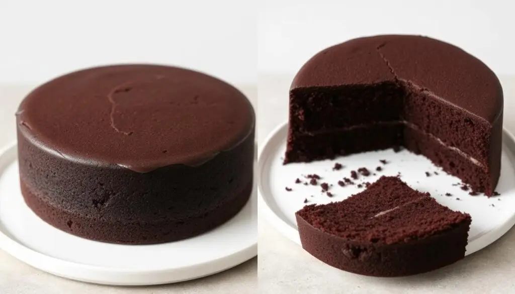 Porównanie udanego biszkoptu ciemnego i opadniętego biszkoptu