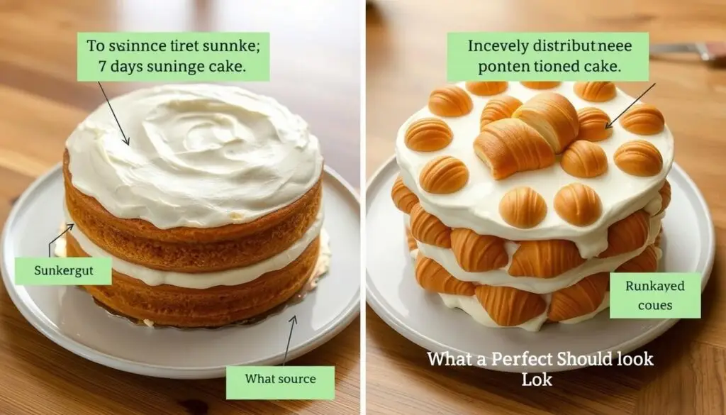 Porównanie udanego i nieudanego placka z rogalikami 7 days z oznaczonymi problemami