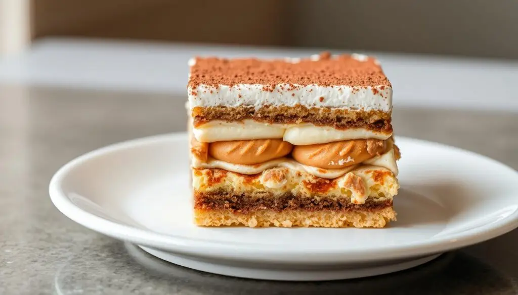 Prawidłowo przygotowane tiramisu z wyraźnie widocznymi warstwami