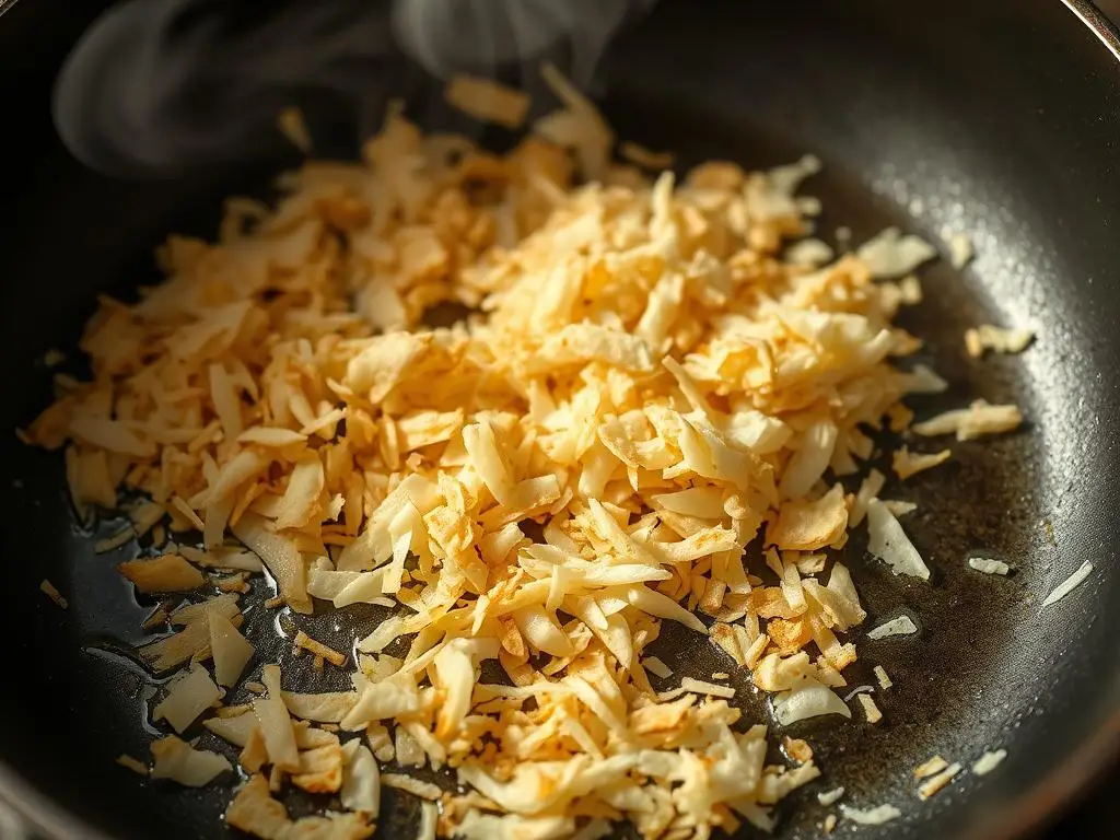 Prażenie wiórków kokosowych do dekoracji ciasta biała dama