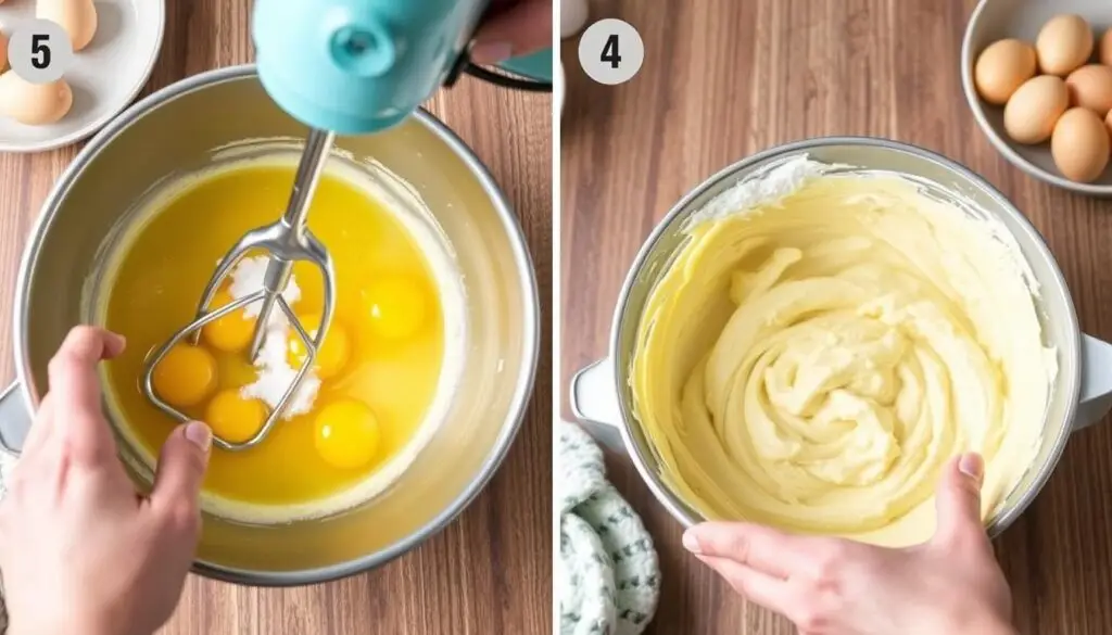 Proces przygotowania ciasta z rabarbarem - ubijanie jajek z cukrem