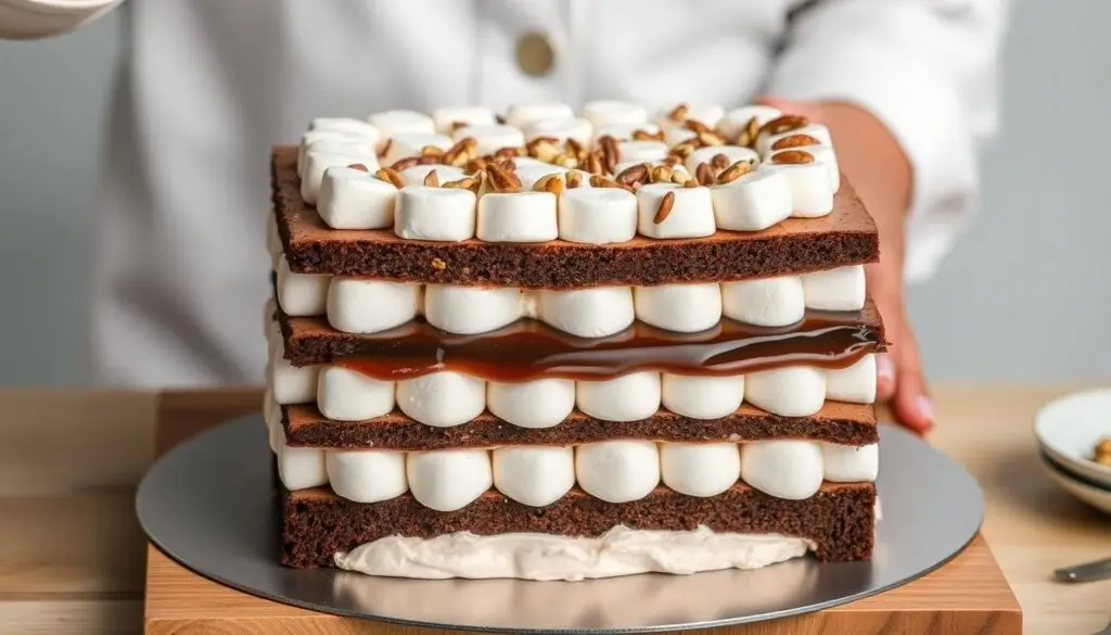 Proces składania warstw ciasta z ptasim mleczkiem Proces składania warstw ciasta z ptasim mleczkiem