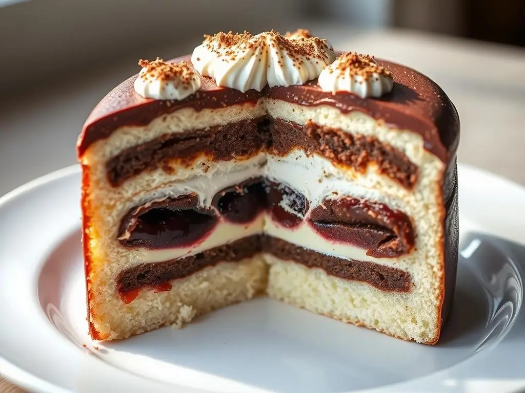 Przekrój ciasta harataniec pokazujący wszystkie warstwy