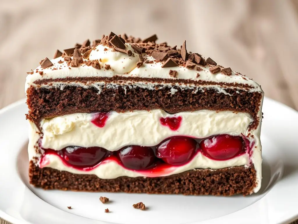 Przekrojone ciasto Czarny Las ukazujące wszystkie warstwy
