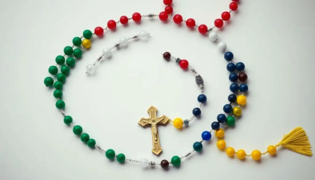 Różaniec misyjny z kolorowymi koralikami symbolizującymi kontynenty