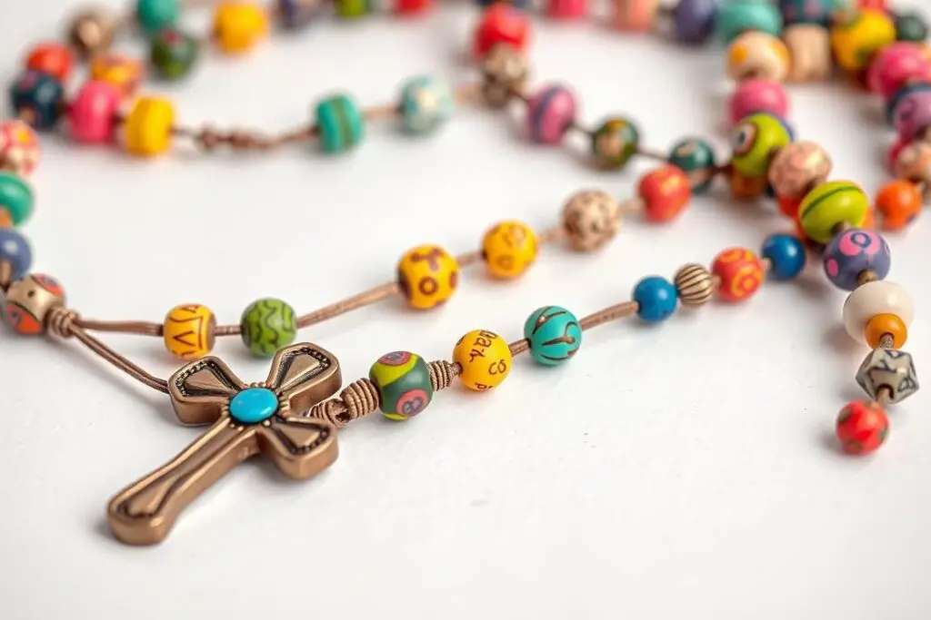 Różaniec wykonany z kolorowych koralików i modeliny