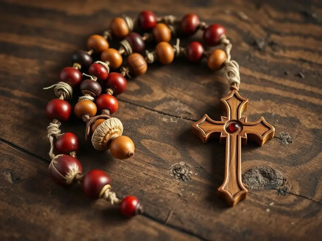 Różaniec wykonany z naturalnych materiałów jak kasztany i żołędzie
