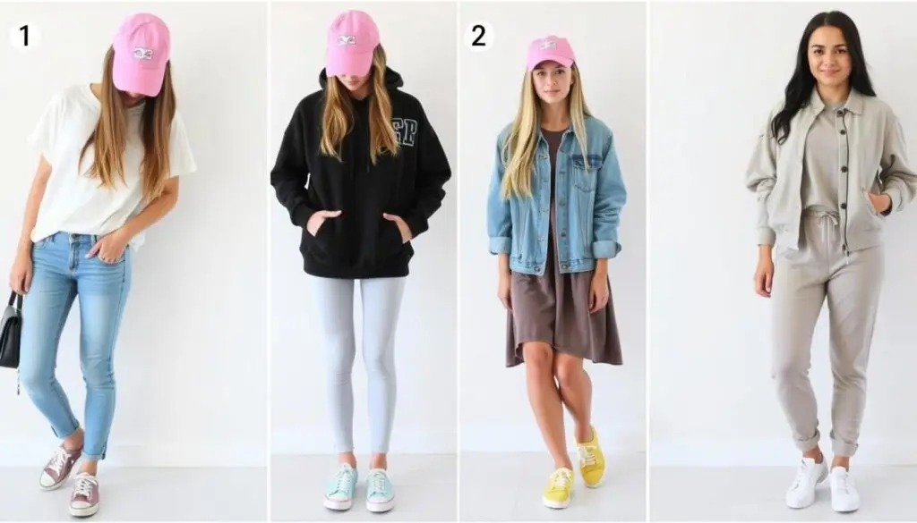 Różne stylizacje z różową czapką z daszkiem dla nastolatek