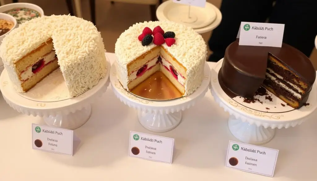 Różne warianty ciasta Łabędzi Puch z dodatkiem owoców i czekolady