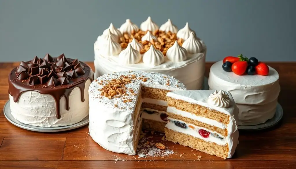 Różne warianty ciasta z chałwą i bezami na stole