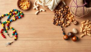 Różnorodne materiały do wykonania różańca do szkoły ułożone na stole