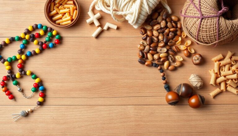 Różnorodne materiały do wykonania różańca do szkoły ułożone na stole